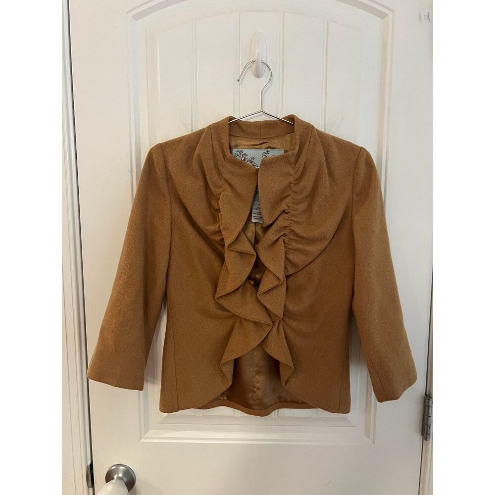 Anthropologie Tabitha Women's Beige Tan Wool Blend Ruffle Front Blazer Size‎ 4
